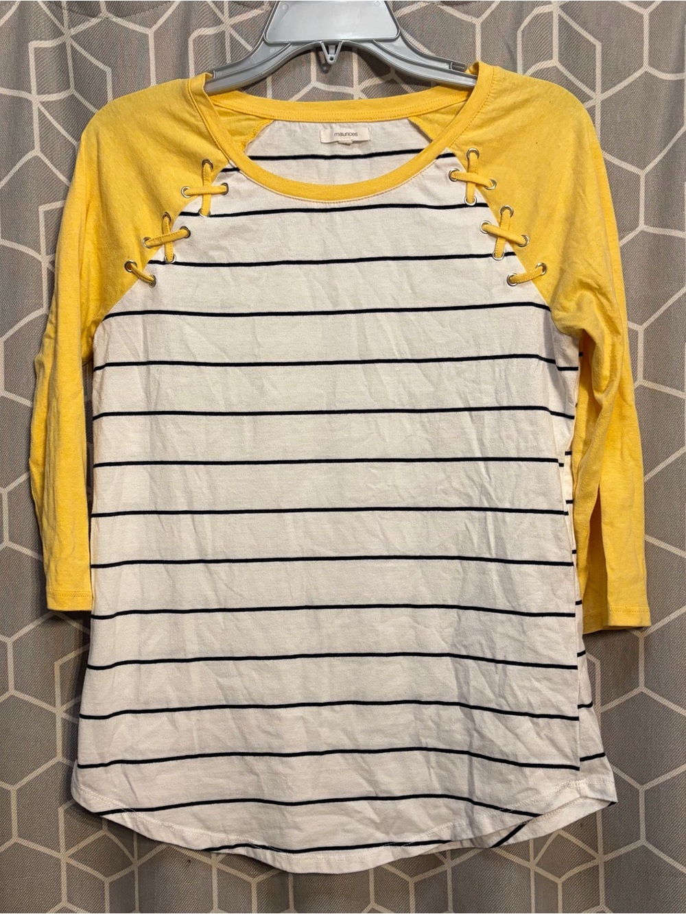 Maurices Yellow Sleeve Striped Lace-Up Raglan Top
